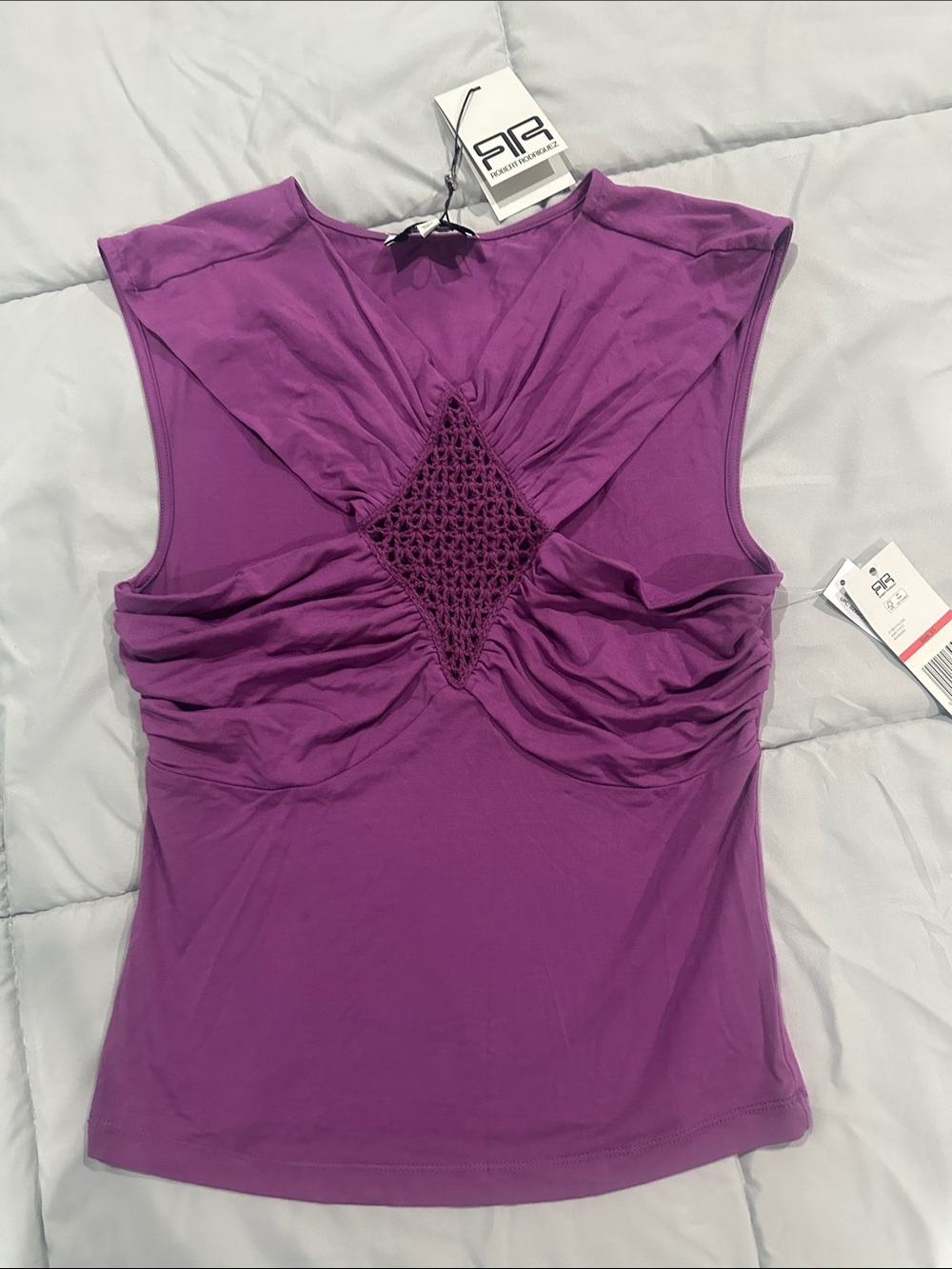 Robert Rodriguez Purple Sleeveless Ruched Tank with Crochet Inset